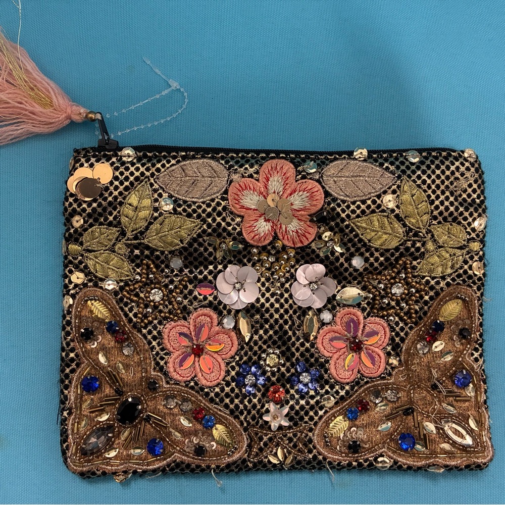 Embellished Floral and Butterfly Clutch